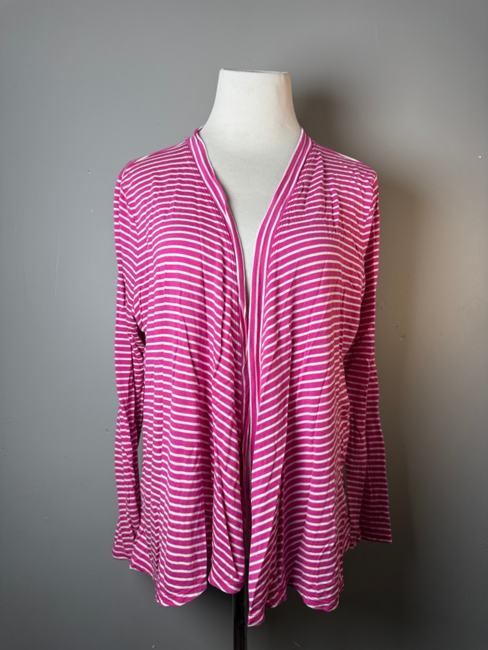 Striped Open-Front Cardigan - Bright Pink & White
